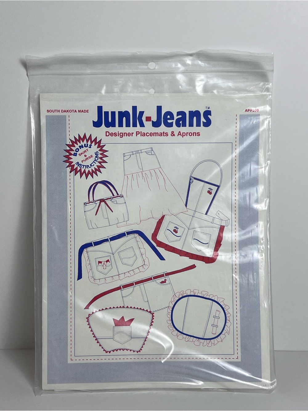Junk-Jeans Designer Placemats & Aprons - White with Blue & Red Accents